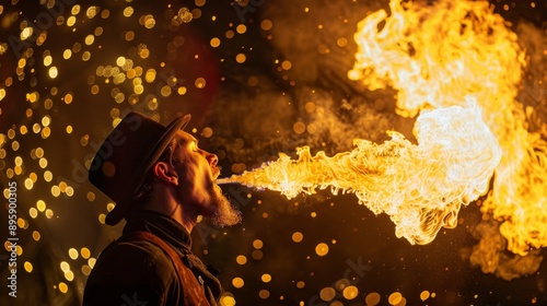 A fire breather performs a dramatic act, exhaling a large plume of fire,