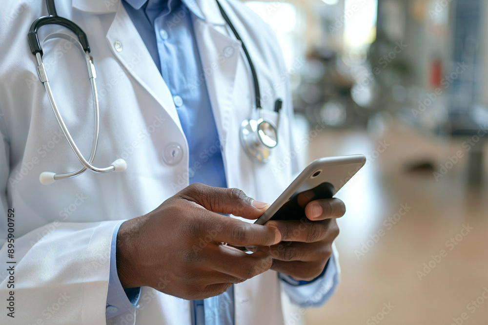 Modern Doctor Using Smartphone In Clinic: Healthcare Professional With Stethoscope For Telemedicine Ad Modern Doctor Using Smartphone In Clinic: Healthcare Professional With Stethoscope For Telemedicine Ad