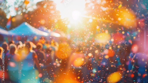 Colorful confetti falling against a sunset backdrop in a park. Perfect for conveying joy, celebration, and carefree outdoor fun. © ELENA AI