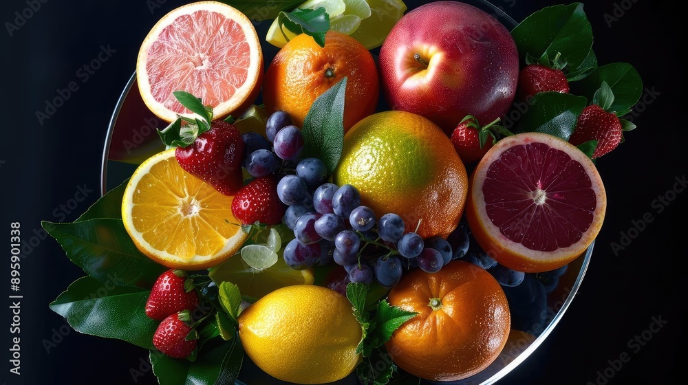 A vibrant assortment of fresh fruits, including oranges, apples, grapes, and strawberries, elegantly arranged on a dark background. A vibrant assortment of fresh fruits, including oranges, apples, grapes, and strawberries, elegantly arranged on a dark background.