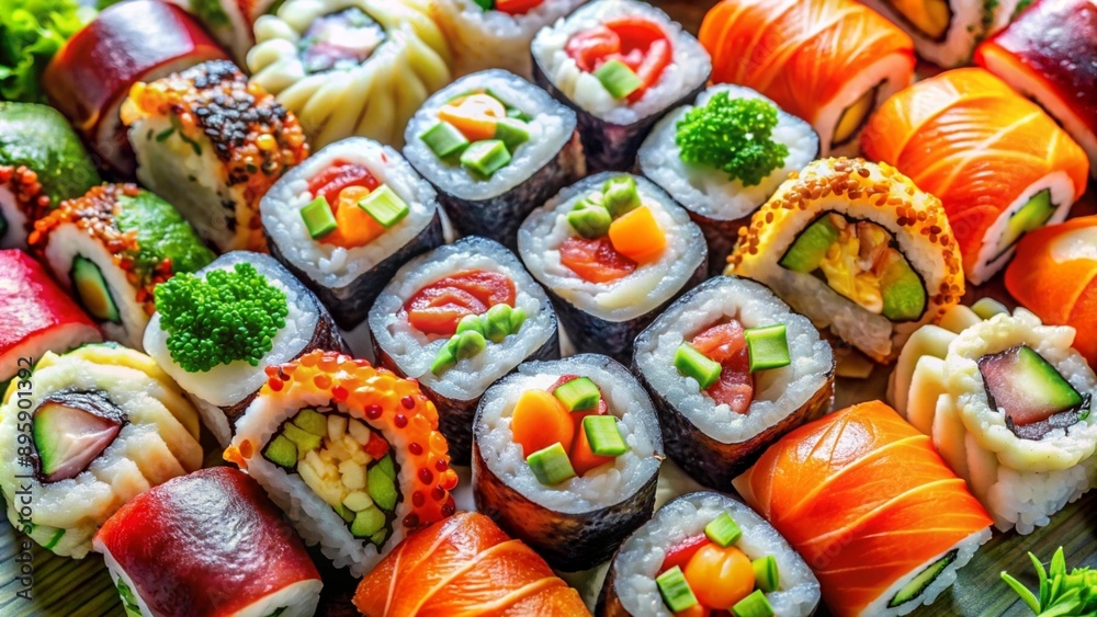 Rolls on a beautiful tray, colorful image of table setting, plate, food decoration, food advertisement, beautiful design. High quality image Rolls on a beautiful tray, colorful image of table setting, plate, food decoration, food advertisement, beautiful design. High quality image