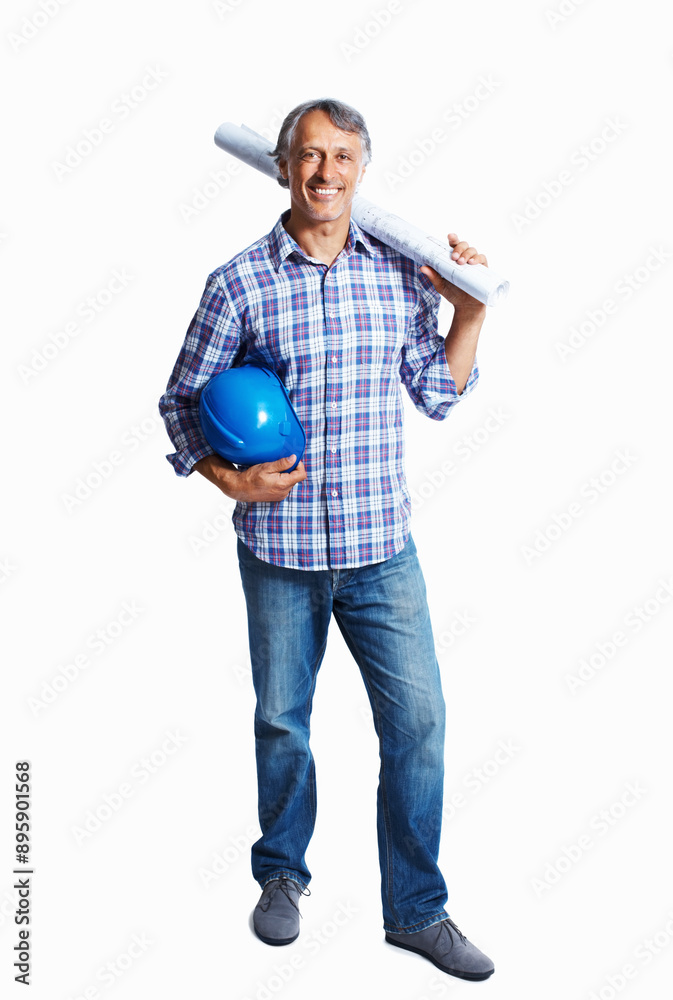 Portrait, mature engineer and happy man with blueprint in studio for building floor plan. Smile, architect or construction manager in helmet with design document isolated on white background in Italy