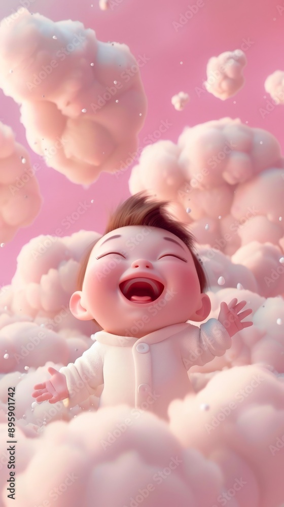 A baby laughs with joy as they float on fluffy clouds
