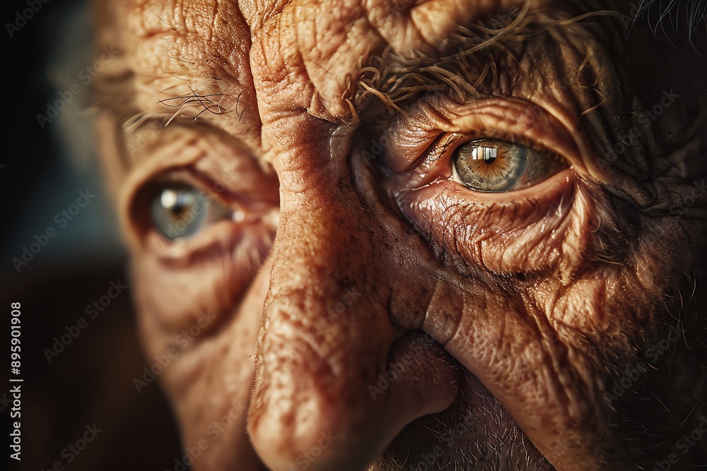 Close-up shot of an elderly man's deeply wrinkled face, emphasizing his piercing blue eyes and detailed facial features.