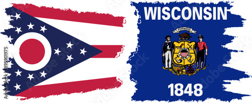 Wisconsin and Ohio states grunge brush flags connection, vector