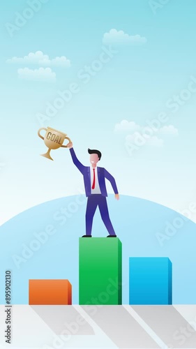 Animation of man raises trophy on podium with view of cloudy blue sky. Vertical motion graphic video illustration suitable for social media post, stories or reels