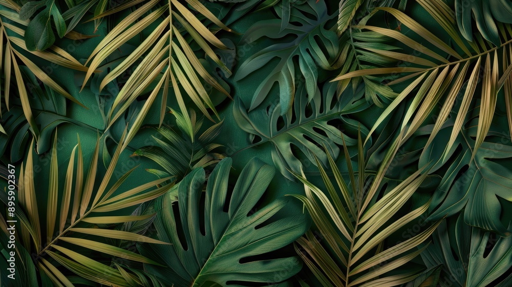 Elegant leaf pattern, green plant background, abstract palm design, floral wallpaper, golden foliage, seamless jungle texture, summer Elegant leaf pattern, green plant background, abstract palm design, floral wallpaper, golden foliage, seamless jungle texture, summer