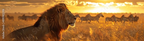 Majestic lion in the African savanna at sunset, with a herd of zebras in the background, showcasing the beauty of wildlife and nature.