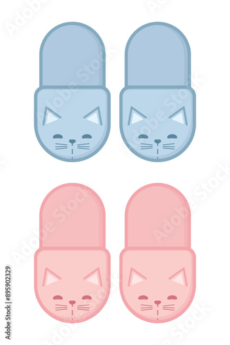 Pink and blue cat slippers. House slippers with cat face. Vector illustration