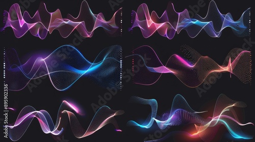 Set of glowing sound waves, audio pavilion or music equalizer wave shapes set.