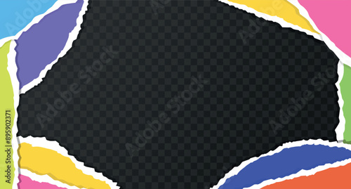 Torn paper background. Cut and torn colored paper strips on dark square background with empty space for text. Vector illustration