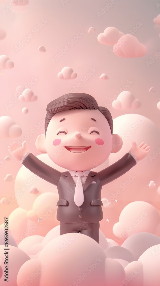 A cartoon man in a suit smiles and stands on fluffy clouds A cartoon man in a suit smiles and stands on fluffy clouds