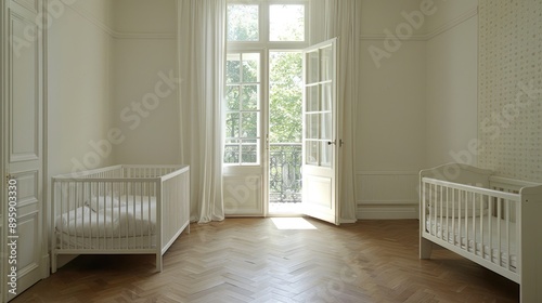 A white crib with a pink bunny toy sits on a wooden floor, next to a bed with a duvet cover