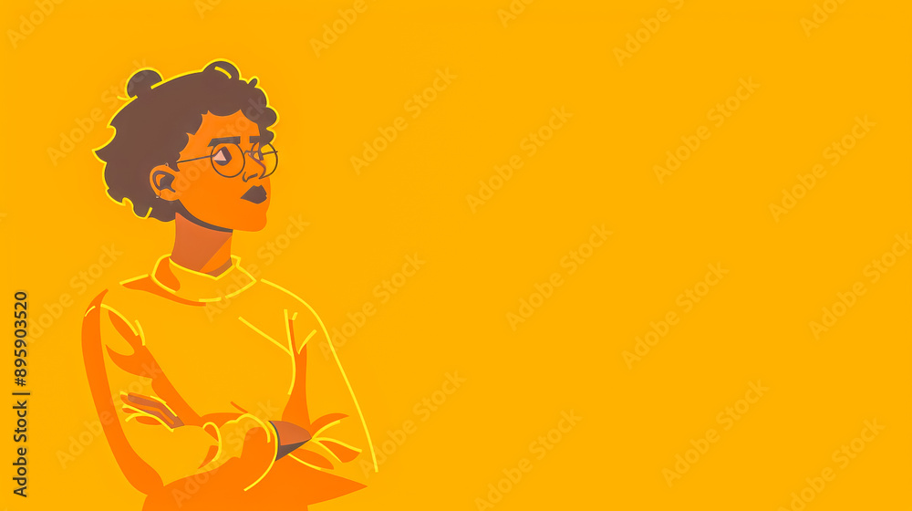 Young woman wearing glasses is crossing her arms on yellow background Young woman wearing glasses is crossing her arms on yellow background