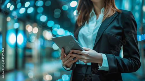 A close-up of the businesswoman holding a tablet, illuminated by cinematic cold light with a bokeh of lights in the background.






