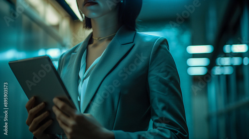 A close-up of the businesswoman holding a tablet, bathed in cinematic cold light.







