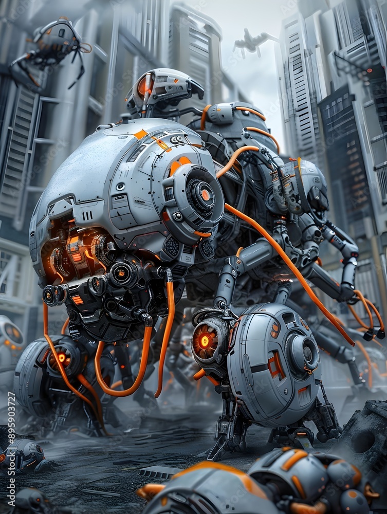 Fototapeta premium Fierce Biomechanical Mech Titans Dominating Apocalyptic Urban Landscape in Gritty Style