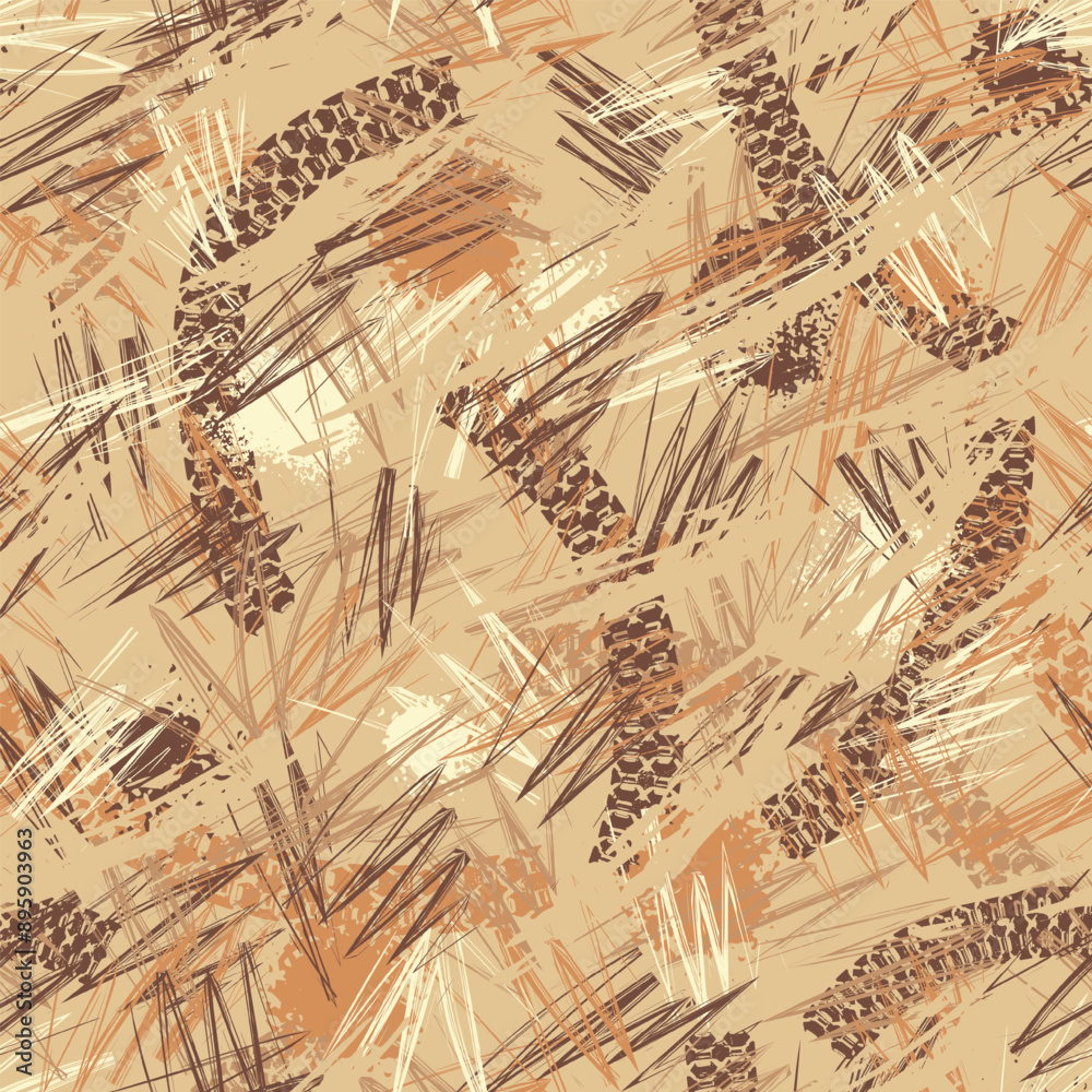 Obraz premium Seamless beige camouflage pattern with chaotic grunge zigzag lines. Frayed texture, smudge paint. Dense random chaotic composition. For apparel, fabric, textile, sport goods. Grunge style