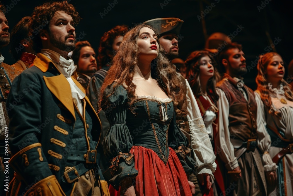 Group of people in elaborate historical costumes, with a serious-looking man in the forefront. Group of people in elaborate historical costumes, with a serious-looking man in the forefront.
