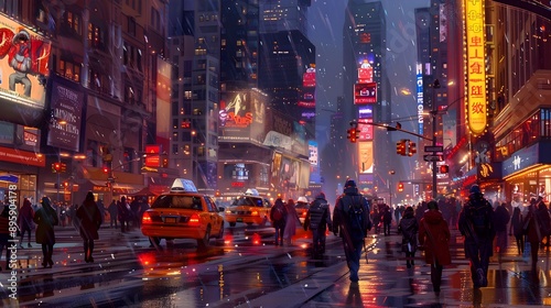 Vibrant Nighttime City Street Scene with Bustling Pedestrians and Glowing Skyscrapers