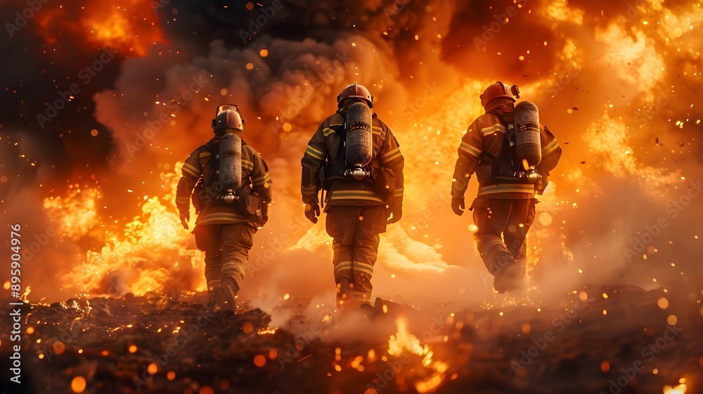 Fototapeta premium Dedicated Firefighting Crew Battling Raging Inferno with Heroic Bravery and Teamwork