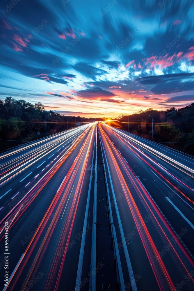 Long Exposure of Highway at Sunset with Light Trails from Moving Vehicles and Dramatic Sky Long Exposure of Highway at Sunset with Light Trails from Moving Vehicles and Dramatic Sky