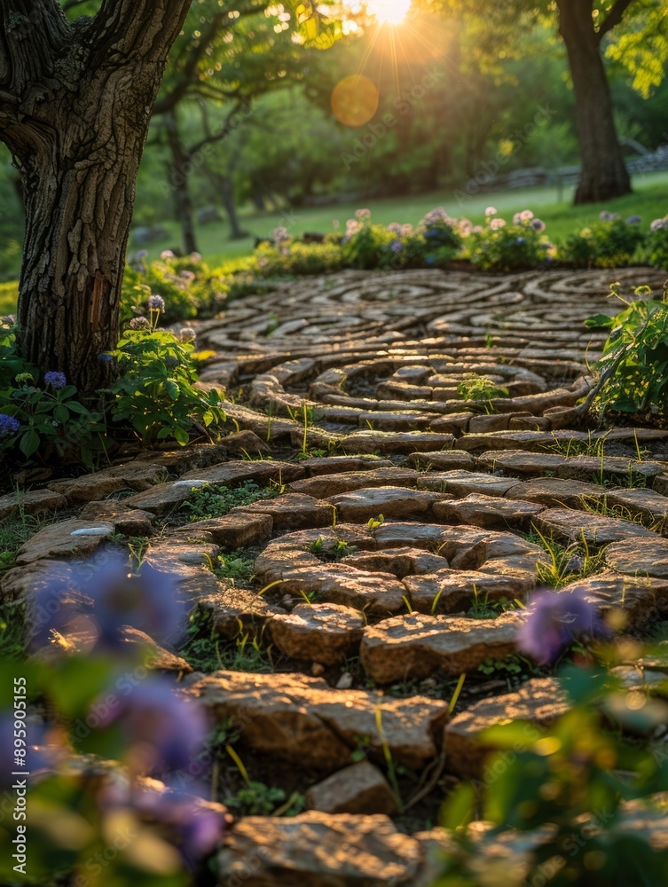 Naklejka premium Walking Labyrinth in a Beautiful Blooming Garden