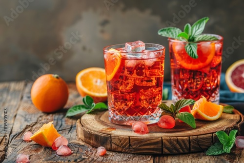 Three glasses of blood orange cocktails with ice and mint, surrounded by fresh oranges.