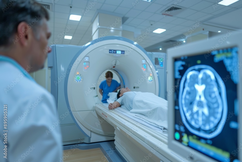 Patient undergoing an MRI scan in a hospital, with medical staff monitoring the procedure. Patient undergoing an MRI scan in a hospital, with medical staff monitoring the procedure.