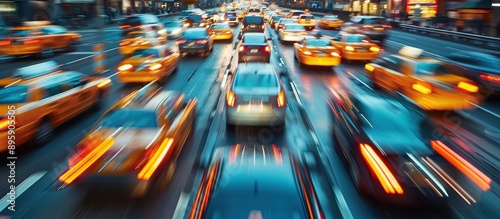 Busy City Street with Blurred Motion of Cars and Taxis During Evening Rush Hour in Urban Downtown photo