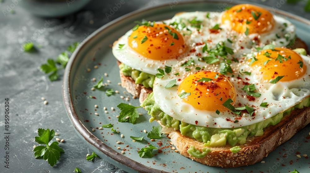 Sunny-side-up eggs on avocado toast garnished with fresh herbs and sesame seeds on a ceramic plate; perfect for healthy eating, brunch menus, recipe blogs, or food presentations, Sunny-side-up eggs on avocado toast garnished with fresh herbs and sesame seeds on a ceramic plate; perfect for healthy eating, brunch menus, recipe blogs, or food presentations,