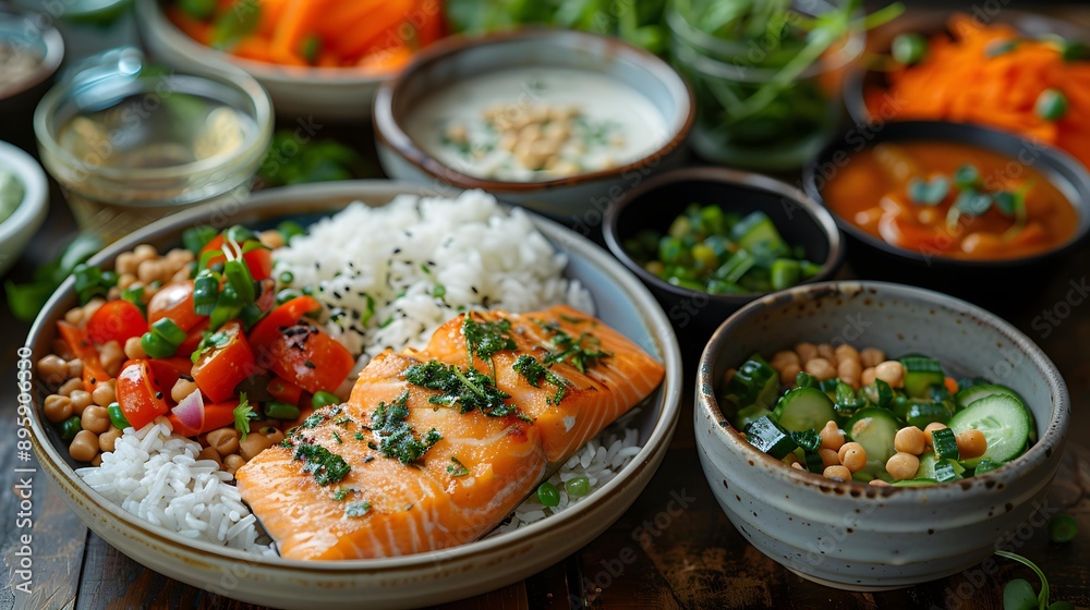 A fresh and colorful meal featuring grilled salmon, rice, chickpeas, and a variety of vegetables like tomatoes, cucumbers, and green onions, perfect for health and nutrition content, blogs, websites A fresh and colorful meal featuring grilled salmon, rice, chickpeas, and a variety of vegetables like tomatoes, cucumbers, and green onions, perfect for health and nutrition content, blogs, websites