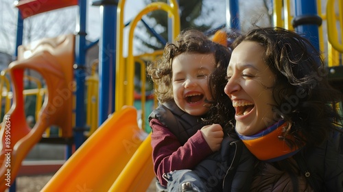 Candid at a Playground: A woman playing with her child at a playground, both laughing and having fun.
