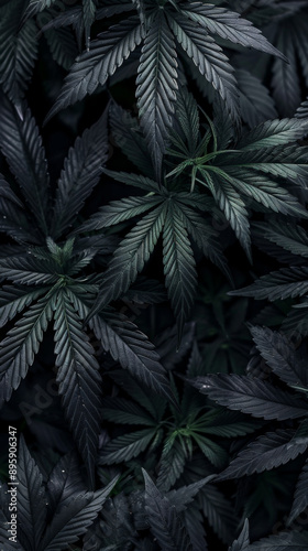 Monochromatic black cannabis leaves background with intense dramatic lighting