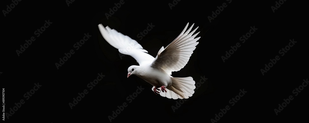 White dove in flight on black background White dove in flight on black background