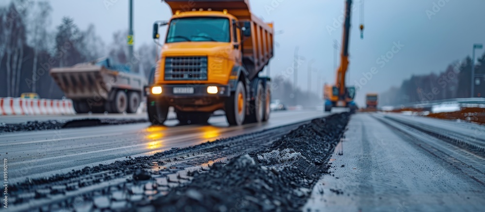 Road Construction Scene with Heavy Machinery and Trucks on a Foggy Day Road Construction Scene with Heavy Machinery and Trucks on a Foggy Day