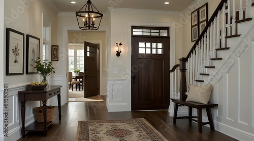Bright and airy entry foyer with white wall stair case light colored hard wood flooring dark walnut.generative.ai