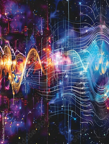 Mesmerizing digital depicting the vibrant dynamic energy and patterns of quantum resonance in real world acoustics creating a surreal and visually captivating representation of the underlying science 