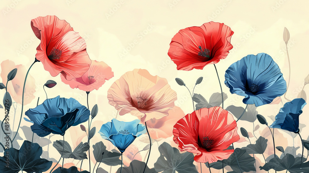 Vibrant illustration of colorful poppy flowers swaying gently in a summer breeze Vibrant illustration of colorful poppy flowers swaying gently in a summer breeze