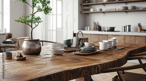 Wallpaper Mural This is a kitchen scene with a modern, clean design. The kitchen features wood tones and simple decor. A wooden table serves as the centerpiece for dining or serving food. Torontodigital.ca