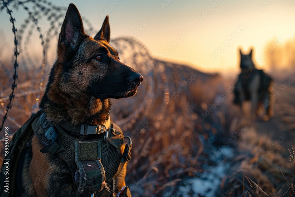 German Shepherd in tactical gear standing alertly beside a rusty fence in an outdoor setting. German Shepherd in tactical gear standing alertly beside a rusty fence in an outdoor setting.