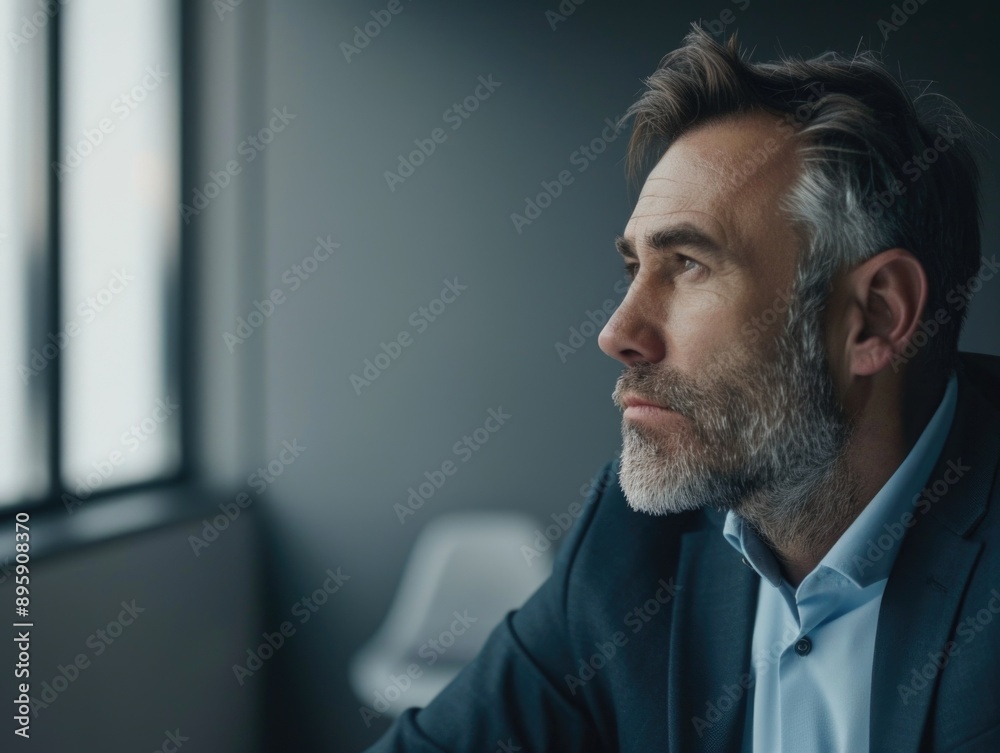 Portrait of a bearded man with a contemplative expression, possibly thinking deeply about business matters or personal issues in an office setting. Portrait of a bearded man with a contemplative expression, possibly thinking deeply about business matters or personal issues in an office setting.
