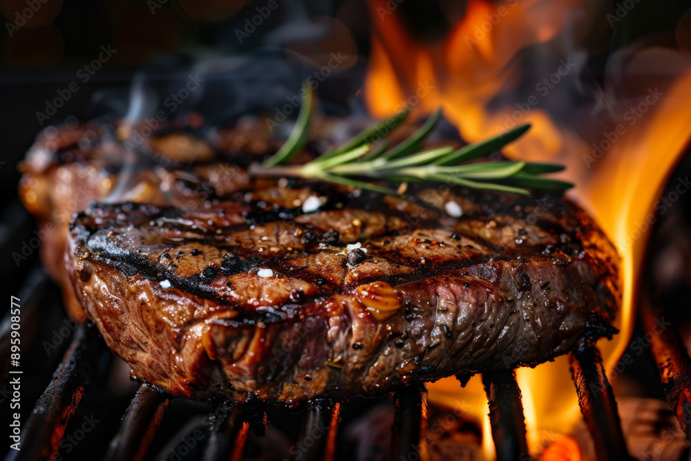 A large steak on the grill, sizzling with flames underneath it. A large steak on the grill, sizzling with flames underneath it.