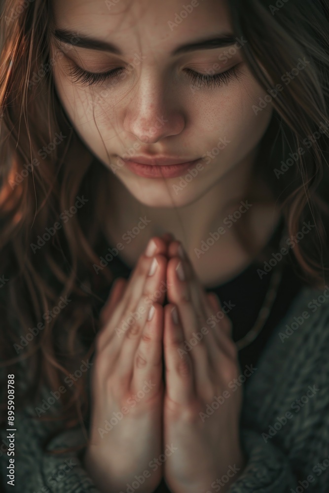 The image portrays a young woman in deep prayer, her hands folded together as if seeking spiritual guidance or making an offering of gratitude. The image portrays a young woman in deep prayer, her hands folded together as if seeking spiritual guidance or making an offering of gratitude.