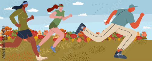 Fall marathon. Jogging, running people. Active healthy runners, runners training in a city park, against the backdrop of urban nature, participate in the fall marathon.