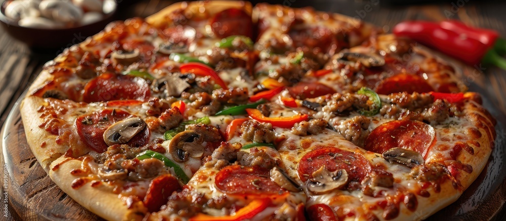 Delicious Pepperoni and Sausage Pizza with Mushrooms and Bell Peppers on Wooden Table Delicious Pepperoni and Sausage Pizza with Mushrooms and Bell Peppers on Wooden Table