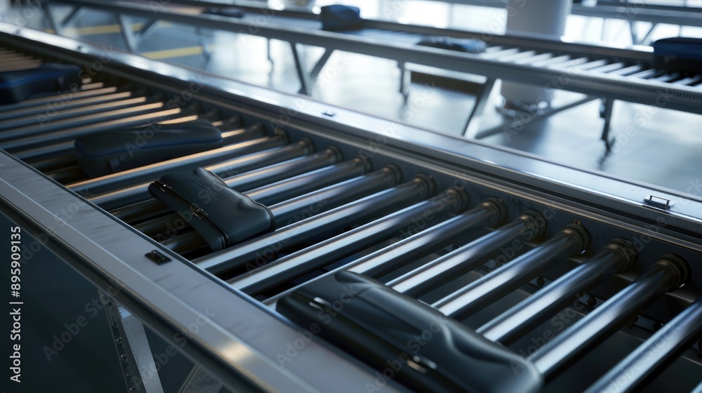 A close-up view of a conveyor belt system, possibly used for manufacturing or assembly processes. A close-up view of a conveyor belt system, possibly used for manufacturing or assembly processes.