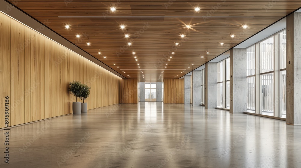 Spacious and Bright Interior Lobby with Wooden Paneling and Recessed Lighting Spacious and Bright Interior Lobby with Wooden Paneling and Recessed Lighting