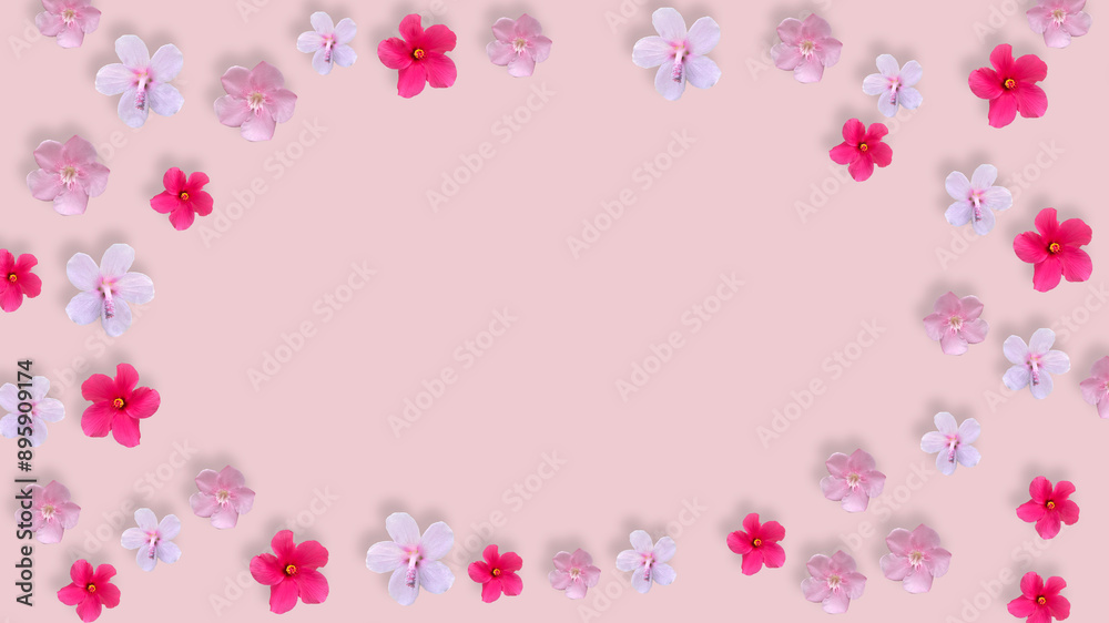 white, red, pink flower on pink background, Creative lifestyle, summer or spring concept. Copy space, flat lay, top view. white, red, pink flower on pink background, Creative lifestyle, summer or spring concept. Copy space, flat lay, top view.