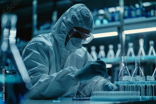 Scientist in a protective suit and mask working with a dropper in a laboratory, focusing on research and experiments.